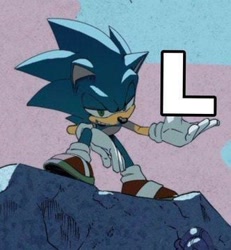 Size: 332x360 | Tagged: safe, editor:nightflasharsenal, sonic the hedgehog, edit, grin, l, meme, reaction image, solo