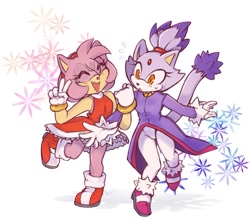 Size: 1751x1553 | Tagged: safe, artist:the-fading-light, amy rose, blaze the cat, cat, hedgehog, 2023, amy x blaze, amy's halterneck dress, blaze's tailcoat, cute, eyes closed, female, females only, lesbian, mouth open, shipping, sweatdrop