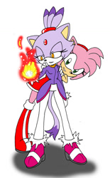 Size: 729x1179 | Tagged: safe, artist:chaoscroc, amy rose, blaze the cat, cat, hedgehog, 2010, amy x blaze, amy's halterneck dress, blaze's tailcoat, cute, female, females only, flame, hands on shoulders, lesbian, looking at them, shipping