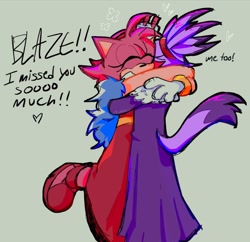 Size: 720x698 | Tagged: safe, artist:mechokky, amy rose, blaze the cat, cat, hedgehog, the murder of sonic the hedgehog, 2023, amy x blaze, blaze's industrial dress, cute, dress, english text, eyes closed, female, females only, heart, hugging, lesbian, shipping
