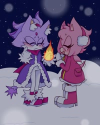 Size: 1080x1350 | Tagged: safe, artist:yamham154, amy rose, blaze the cat, cat, hedgehog, 2023, amy x blaze, blushing, cute, eyes closed, female, females only, flame, lesbian, shipping, winter, winter outfit