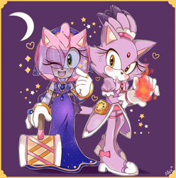 Size: 1280x1289 | Tagged: safe, artist:piink-rose, amy rose, blaze the cat, cat, hedgehog, 2023, amy x blaze, blushing, cute, female, females only, flame, hammer, hearts, lesbian, looking at viewer, moon, one eye closed, shipping, sparkles, star (symbol)