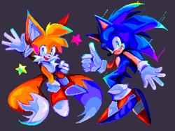 Size: 2048x1536 | Tagged: safe, artist:kuroiyuki96, miles "tails" prower, sonic the hedgehog, duo, grey background, looking at viewer, pixel art, simple background, smile, star (symbol), thumbs up, waving