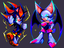 Size: 2048x1536 | Tagged: safe, artist:kuroiyuki96, rouge the bat, shadow the hedgehog, duo, frown, grey background, looking at viewer, pixel art, simple background, smile, sparkles, standing