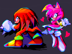 Size: 2048x1536 | Tagged: safe, artist:kuroiyuki96, amy rose, knuckles the echidna, duo, frown, grey background, heart, looking at viewer, pixel art, simple background, smile, standing, wink