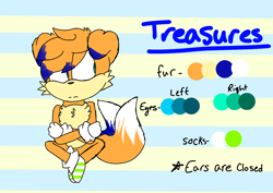 Size: 1280x905 | Tagged: safe, artist:lightningspines, oc, oc:treasures the hedgefox, hybrid, abstract background, arms folded, character name, english text, eye clipping through hair, eyebrow clipping through hair, fankid, floppy ears, frown, hedgefox, legs crossed, looking offscreen, magical gay spawn, male, parent:sonic, parent:tails, parents:sontails, reference sheet, sitting, solo, striped background, two tails