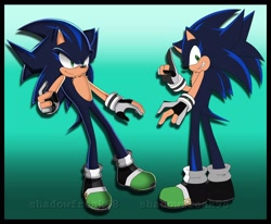 Size: 2048x1685 | Tagged: safe, artist:nejishadow, oc, oc:terios the hedgehog, hedgehog, blue fur, border, chest fluff, fankid, fingerless gloves, gradient background, green eyes, green shoes, magical gay spawn, male, next generation, oc only, parent:shadow, parent:sonic, parents:sonadow, solo, watermark