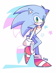 Size: 1000x1304 | Tagged: safe, artist:kumakumaoii, sonic the hedgehog, 2023, :o, blushing, cute, looking at viewer, male, mouth open, pastel style, shadow (lighting), signature, simple background, solo, sonabetes, standing on one leg, star (symbol), top surgery scars, trans male, trans pride, transgender, white background
