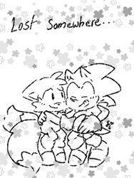 Size: 768x1024 | Tagged: dead source, safe, artist:tailsmybuddy67, miles "tails" prower, sonic the hedgehog, 2023, classic sonic, classic tails, cute, duo, english text, eyes closed, floppy ears, flower, gay, holding each other, holding hands, line art, looking at them, shipping, smile, sonabetes, sonic x tails, standing, tailabetes