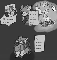 Size: 896x938 | Tagged: safe, artist:onepapafrita, miles "tails" prower, nine, sonic the hedgehog, sonic prime, sonic prime s2, 2023, blushing, butterfly, character name, dialogue, floppy ears, flower, gay, grey background, greyscale, holding something, literal animal, nine x sonic, photograph, sad, shipping, simple background, sitting, solo, sonic x tails, spanish text, speech bubble