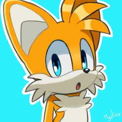Size: 2000x2000 | Tagged: safe, artist:sonikku1999, miles "tails" prower, 2023, :o, blue background, icon, looking at viewer, mouth open, outline, signature, simple background, solo