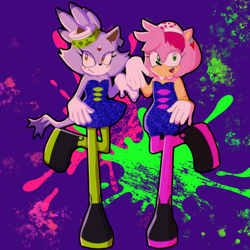 Size: 2048x2048 | Tagged: safe, artist:mettarouge, amy rose, blaze the cat, cat, hedgehog, 2023, amy x blaze, crossover, cute, female, females only, lesbian, looking at viewer, shipping, splatoon