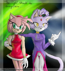 Size: 900x990 | Tagged: safe, artist:scrouge-fiery, amy rose, blaze the cat, cat, hedgehog, 2011, amy x blaze, amy's halterneck dress, blaze's tailcoat, cute, english text, female, females only, hand on shoulder, lesbian, shipping