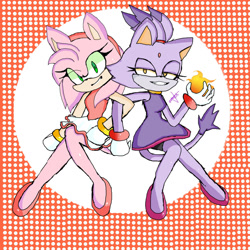 Size: 1280x1280 | Tagged: safe, artist:kiamy-draws317, amy rose, blaze the cat, cat, hedgehog, 2019, amy x blaze, cute, female, females only, flame, lesbian, looking at viewer, shipping