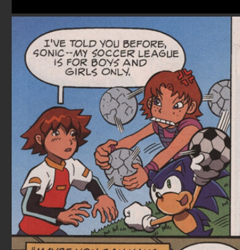 Size: 391x407 | Tagged: safe, chris thorndyke, sonic the hedgehog, human, cross popping vein, dialogue, english text, soccer ball, trio