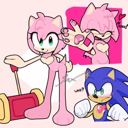 Size: 1600x1600 | Tagged: safe, artist:sonixjax, amy rose, sonic the hedgehog, blushing, english text, gloves, green eyes, heart, heart chest, leaning forward, multiple views, natural alt, natural amy rose, no gloves, no shoes, nudity, open mouth, pawpads, piko piko hammer, smile, text