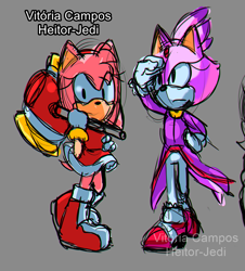 Size: 905x1000 | Tagged: safe, artist:vitoriacampos, amy rose, blaze the cat, cat, hedgehog, 2017, amy x blaze, amy's halterneck dress, blaze's tailcoat, female, females only, lesbian, looking at viewer, piko piko hammer, shipping, sketch