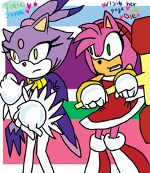 Size: 900x1043 | Tagged: safe, artist:toxicsonic, amy rose, blaze the cat, cat, hedgehog, 2011, amy x blaze, amy's halterneck dress, blaze's tailcoat, female, females only, lesbian, looking at something, piko piko hammer, shipping