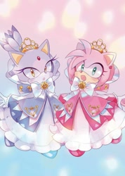 Size: 736x1032 | Tagged: safe, artist:d1nga, amy rose, blaze the cat, cat, hedgehog, 2023, amy x blaze, crown, cute, dress, female, females only, lesbian, looking at viewer, shipping