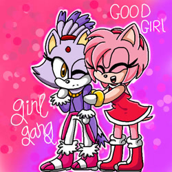 Size: 512x512 | Tagged: safe, artist:cadence888, amy rose, blaze the cat, cat, hedgehog, 2020, amy x blaze, amy's halterneck dress, blaze's tailcoat, cute, eyes closed, female, females only, hugging, lesbian, mouth open, one eye closed, shipping