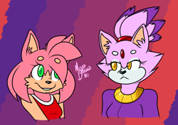 Size: 1044x735 | Tagged: safe, artist:melcodriggs, amy rose, blaze the cat, cat, hedgehog, 2021, amy x blaze, amy's halterneck dress, blaze's tailcoat, cute, female, females only, lesbian, looking at each other, shipping