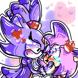Size: 1280x1280 | Tagged: safe, artist:unoriginalcreator, amy rose, blaze the cat, cat, hedgehog, 2022, amy x blaze, amy's halterneck dress, blaze's tailcoat, blushing, cute, female, females only, hearts, lesbian, looking at each other, shipping, tears