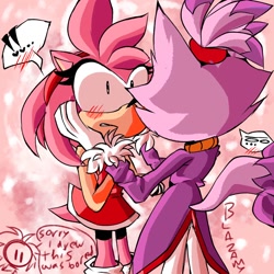 Size: 1280x1280 | Tagged: safe, artist:unoriginalcreator, amy rose, blaze the cat, cat, hedgehog, 2023, amy x blaze, amy's halterneck dress, blaze's tailcoat, blushing, cute, english text, exclamation mark, female, females only, hand on cheek, hearts, lesbian, looking at each other, shipping