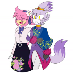 Size: 1600x1602 | Tagged: safe, artist:sikathesoul, amy rose, blaze the cat, cat, hedgehog, 2021, amy x blaze, cute, eyes closed, female, females only, flower, lesbian, mouth open, shipping