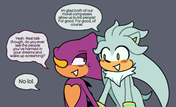 Size: 912x553 | Tagged: safe, artist:neetclown, espio the chameleon, silver the hedgehog, blushing, cute, dialogue, duo, english text, espibetes, gay, grey background, implied murder, looking at each other, shipping, silvabetes, silvio, simple background, smile, speech bubble, sweatdrop, walking