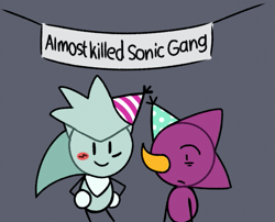 Size: 593x478 | Tagged: safe, artist:neetclown, espio the chameleon, silver the hedgehog, banner, cute, duo, english text, espibetes, frown, grey background, party hat, silvabetes, simple background, smile, standing