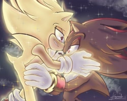 Size: 2048x1624 | Tagged: safe, artist:k3ynee, shadow the hedgehog, sonic the hedgehog, super sonic, 2023, abstract background, clouds, duo, flying, gay, holding each other, looking at each other, shadow x sonic, shipping, signature, sparkles, super form