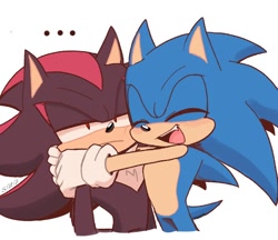 Size: 634x548 | Tagged: safe, artist:sonicnewunivers, shadow the hedgehog, sonic the hedgehog, ..., 2023, blushing, cute, duo, gay, hugging, lidded eyes, mouth open, one fang, shadow is not amused, shadow x sonic, shipping, shrunken pupils, simple background, smile, sonabetes, standing, white background