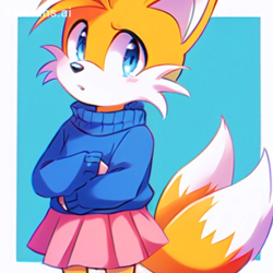 Size: 2048x2048 | Tagged: safe, ai art, artist:mobians.ai, miles "tails" prower, :o, arms folded, blue background, blushing, border, looking at viewer, prompter:taeko, simple background, skirt, solo, standing, sweater, trans female, transgender