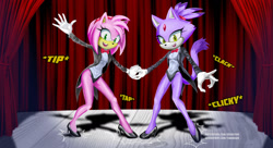 Size: 1920x1044 | Tagged: safe, artist:thecringelqrd, amy rose, blaze the cat, cat, hedgehog, 2020, amy x blaze, cute, dancing, female, females only, heels, holding hands, lesbian, shipping, shoes, stage