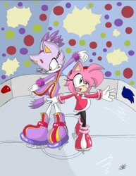 Size: 600x777 | Tagged: safe, artist:adiprower94, amy rose, blaze the cat, cat, hedgehog, 2009, amy x blaze, cute, female, females only, ice skates, ice skating, lesbian, mario & sonic at the olympic games, shipping