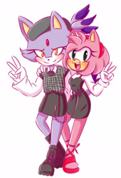 Size: 1280x1883 | Tagged: safe, artist:kayjarimm, amy rose, blaze the cat, cat, hedgehog, 2022, amy x blaze, blushing, cute, female, females only, hand on shoulder, lesbian, looking at viewer, mouth open, peace sign, shipping