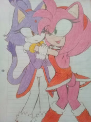 Size: 1280x1707 | Tagged: safe, artist:rose-factor, amy rose, blaze the cat, cat, hedgehog, 2021, amy x blaze, amy's halterneck dress, blaze's tailcoat, cute, female, females only, hugging, lesbian, one eye closed, shipping, traditional media