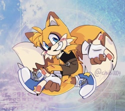Size: 2032x1806 | Tagged: safe, artist:chibi-0004, miles "tails" prower, sonic adventure, 2023, abstract background, blue shoes, blushing, claws, clothes, fingerless gloves, gloves, pawpads, pointing, posing, shorts, smile, solo, tank top