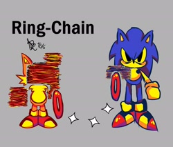 Size: 2048x1741 | Tagged: safe, artist:itosaihara_, miles "tails" prower, sonic the hedgehog, 2022, duo, english text, glitch, grey background, ring, ring chain, signature, simple background, sonic crackers, standing