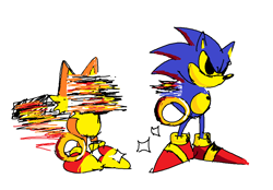 Size: 1013x705 | Tagged: safe, artist:frippami, artist:itosaihara_, miles "tails" prower, sonic the hedgehog, 2022, duo, glitch, holding something, ring, ring chain, simple background, sonic crackers, standing, white background