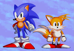 Size: 605x417 | Tagged: safe, artist:dashboy-tuna, miles "tails" prower, sonic the hedgehog, 2023, abstract background, classic sonic, classic tails, duo, pixel art, smile, sonic crackers, sprite, standing, tailabetes