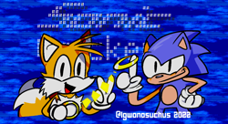 Size: 1252x682 | Tagged: safe, artist:igwanasuchus, sonic the hedgehog, 2022, classic sonic, classic tails, duo, holding something, looking at viewer, ring, ring chain, screenshot background, smile, sonic crackers, spinning object