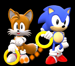 Size: 2460x2160 | Tagged: safe, artist:emeraldpyro, miles "tails" prower, sonic the hedgehog, 2020, 3d, black background, classic sonic, classic tails, duo, holding something, looking at viewer, ring, ring chain, simple background, smile, sonic crackers, standing