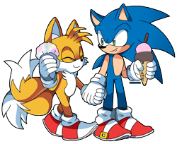 Size: 4000x3260 | Tagged: safe, artist:proboom, miles "tails" prower, sonic the hedgehog, 2015, duo, eyes closed, gay, holding hands, holding something, ice cream, looking at them, modern sonic, modern tails, shipping, simple background, smile, sonic x tails, transparent background, walking