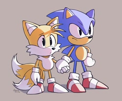 Size: 2048x1707 | Tagged: safe, artist:siggiedraws, miles "tails" prower, sonic the hedgehog, 2021, :o, beige background, classic sonic, classic tails, duo, frown, hand on hip, holding hands, looking ahead, mouth open, shadow (lighting), signature, simple background, sonabetes, standing, tailabetes
