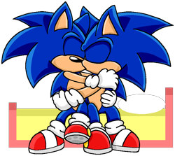 Size: 746x666 | Tagged: artist needed, safe, sonic the hedgehog, bed, duo, eyes closed, gay, holding tail, kiss, self paradox, selfcest, shipping, simple background, sitting, sonic x sonic, transparent background