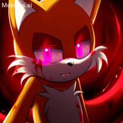 Size: 2048x2048 | Tagged: safe, ai art, artist:mobians.ai, miles "tails" prower, abstract background, blood, blood stain, glowing eyes, lidded eyes, looking at viewer, pink eyes, prompter:taeko, solo, standing, yandere