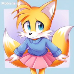 Size: 2048x2048 | Tagged: safe, ai art, artist:mobians.ai, miles "tails" prower, bending over, blushing, border, gradient background, looking offscreen, prompter:taeko, skirt, smile, solo, standing, sweater, trans female, transgender