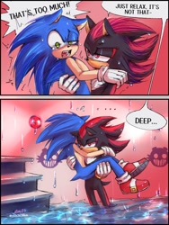 Size: 1080x1440 | Tagged: safe, artist:mav3s_illus, shadow the hedgehog, sonic the hedgehog, 2023, abstract background, aquaphobia, carrying them, dialogue, duo, english text, gay, indoors, mouth open, out of context, panels, robotnik's logo, scared, shadow x sonic, shipping, speech bubble, standing, water