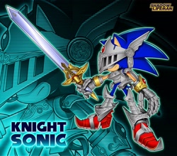 Size: 2048x1810 | Tagged: safe, artist:shadowlifeman, caliburn, sonic the hedgehog, 2023, character name, echo background, frown, holding something, knight armor, solo, standing, sword, uekawa style